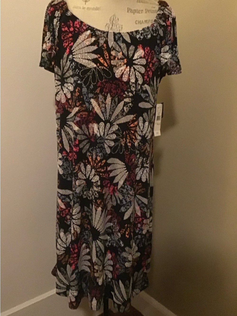 Robbie Bee Black Floral Print Dress with Pink, Orange and Blue Accents